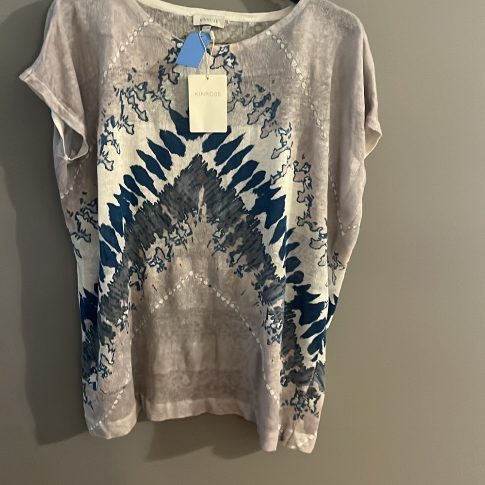 KINROSS Linen Pullover Blue Seagull Abstract Waterfall XL/TG layering Top NEW